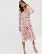 Asos Design Embroidered Midi Dress With Lace Trims - Pink