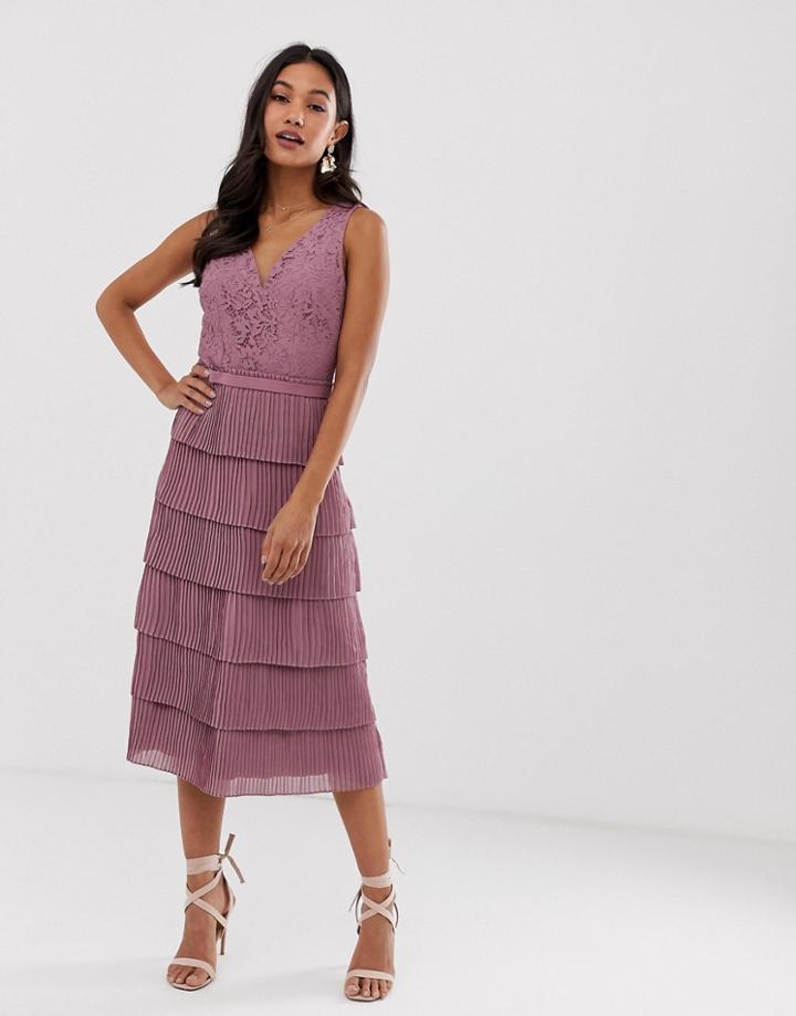 Little Mistress V Neck All Over Lace Midi Dress-pink