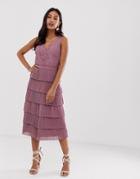 Little Mistress V Neck All Over Lace Midi Dress-pink