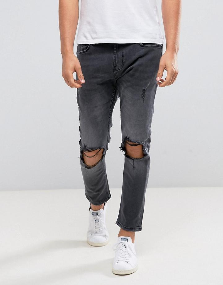 Bershka Skinny Tapered Jeans In Washed Black - Black