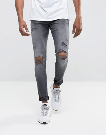 Dml Jeans Super Skinny Spray On Jeans With Busted Ripped Knees In Gray - Gray