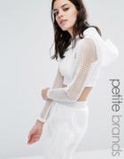 Noisy May Petite Kicks Back Mesh Grid Hooded Crop Top - White