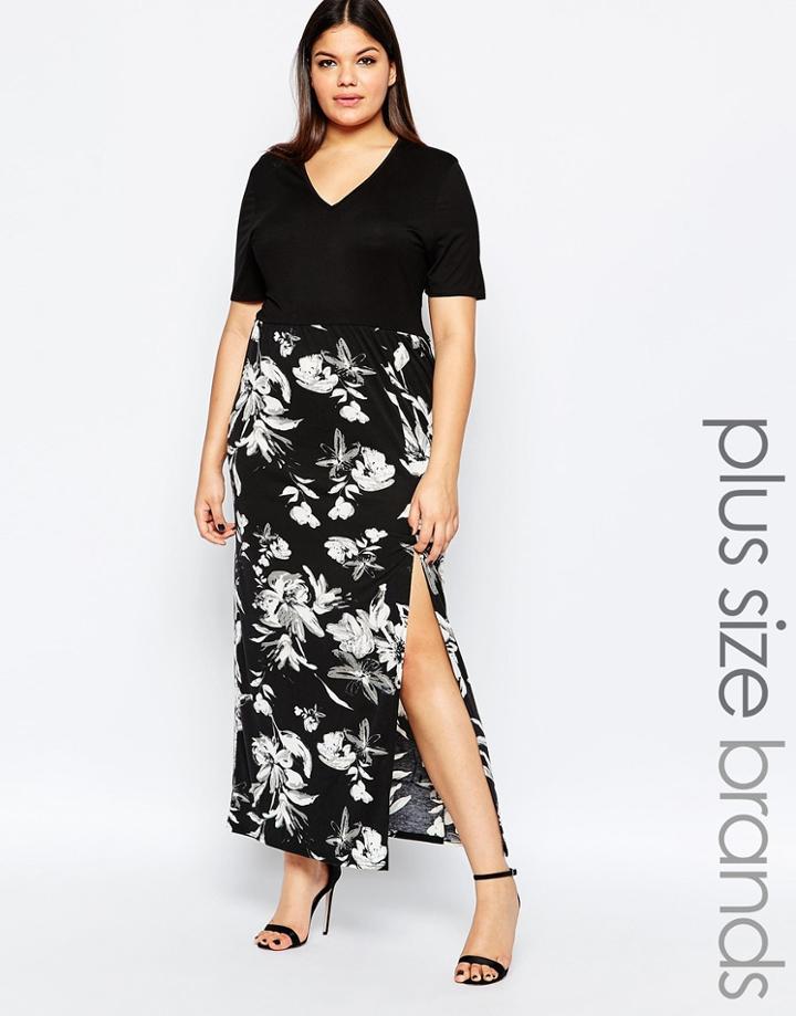 Club L Plus Maxi Dress With V Neck And Floral Printed Skirt