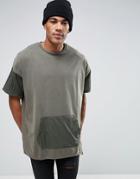 Asos Super Oversized Longline T-shirt With Kangaroo Pocket And Drawcord Hem In Green - Green