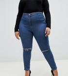 Asos Design Curve Rivington High Waisted Jegging In Mid Wash With Knee Rips - Blue