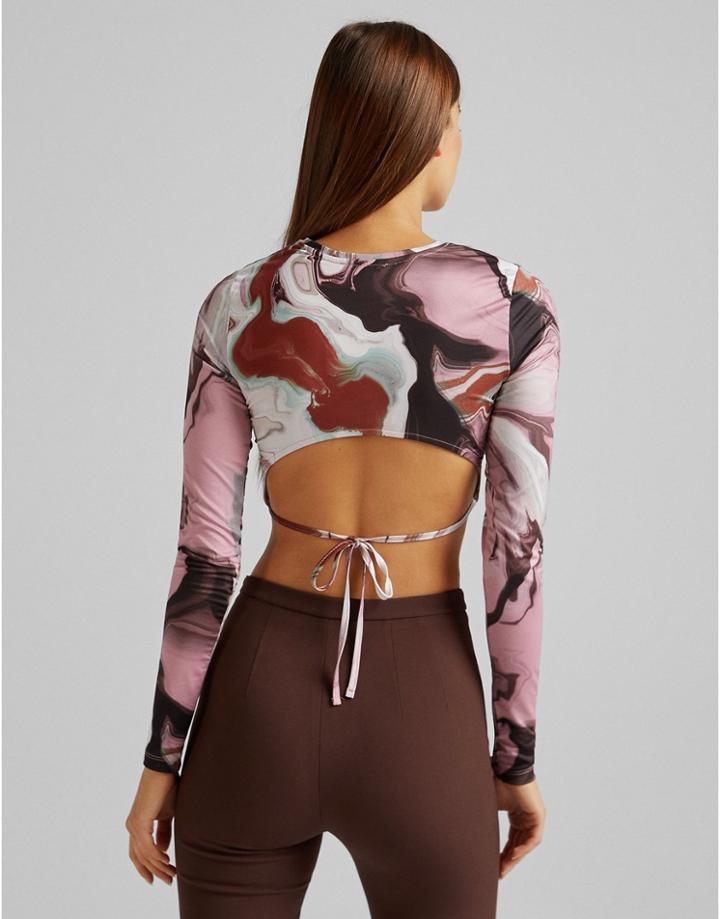 Bershka Back Detail Long Sleeve Crop Top In Pink Marble