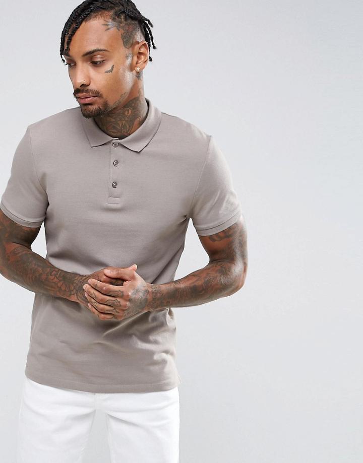 Asos Muscle Fit Pique Polo In Statue - Brown