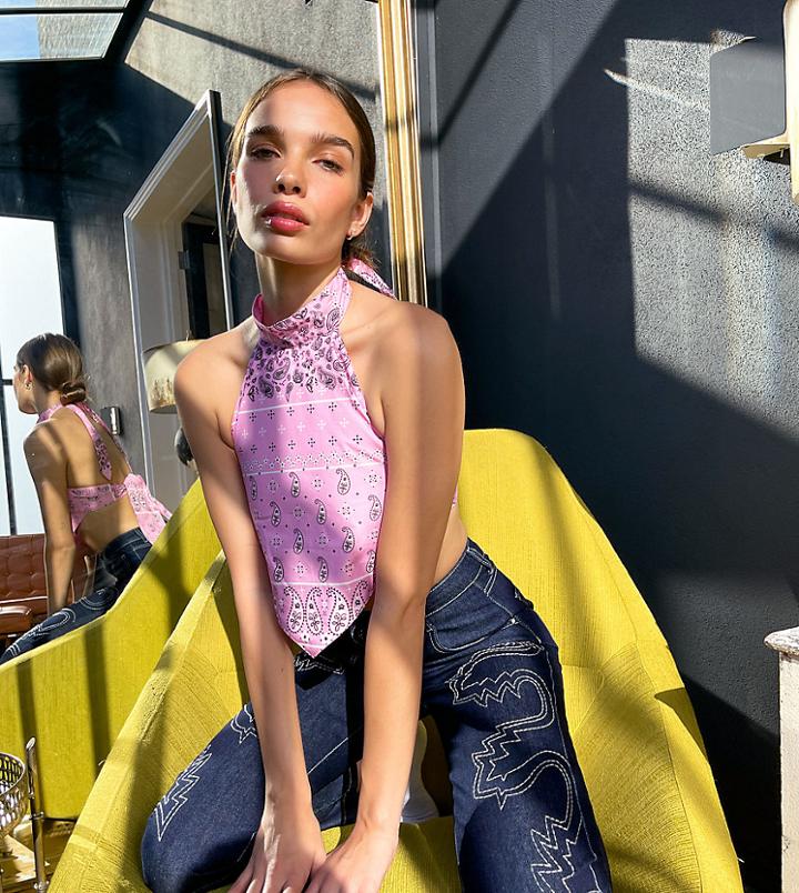 Labelrail X Hana Cross Tie Back Halter Neck Scarf Top In Bandana-pink