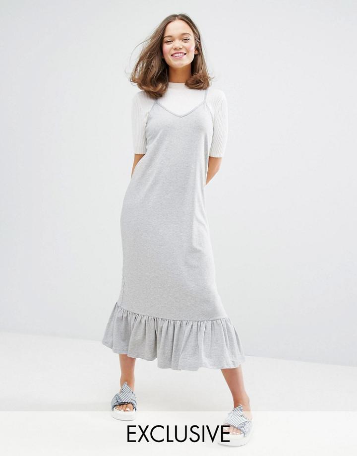 Monki Exclusive Ruffle Hem Midi Dress - Gray