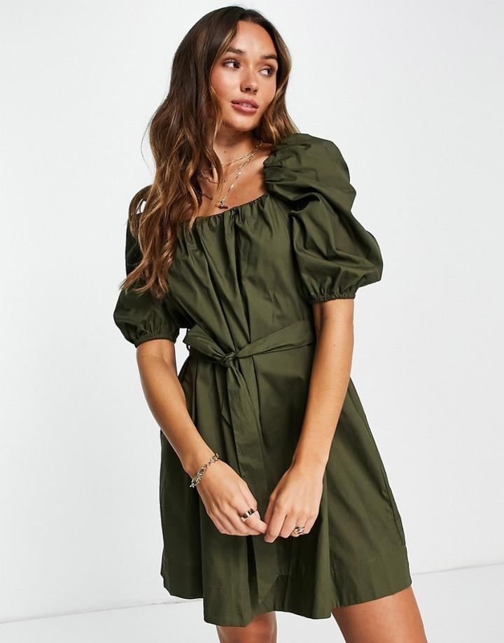 Mango Puff Sleeve Poplin Dress In Khaki-green