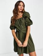 Mango Puff Sleeve Poplin Dress In Khaki-green