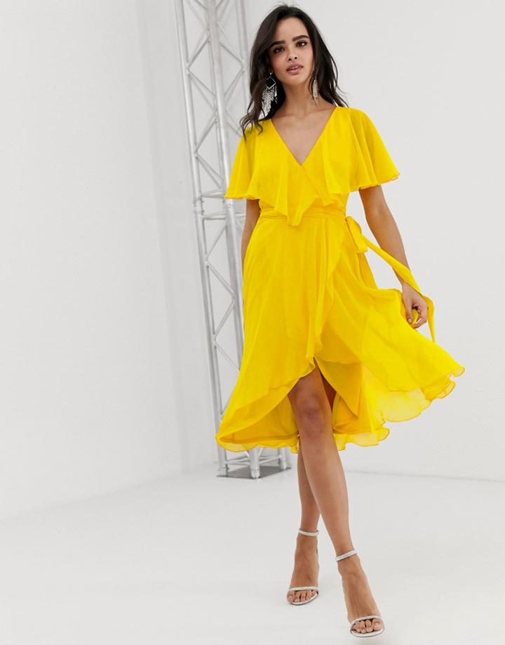 Asos Design Cape Back Dipped Hem Midi Dress-yellow