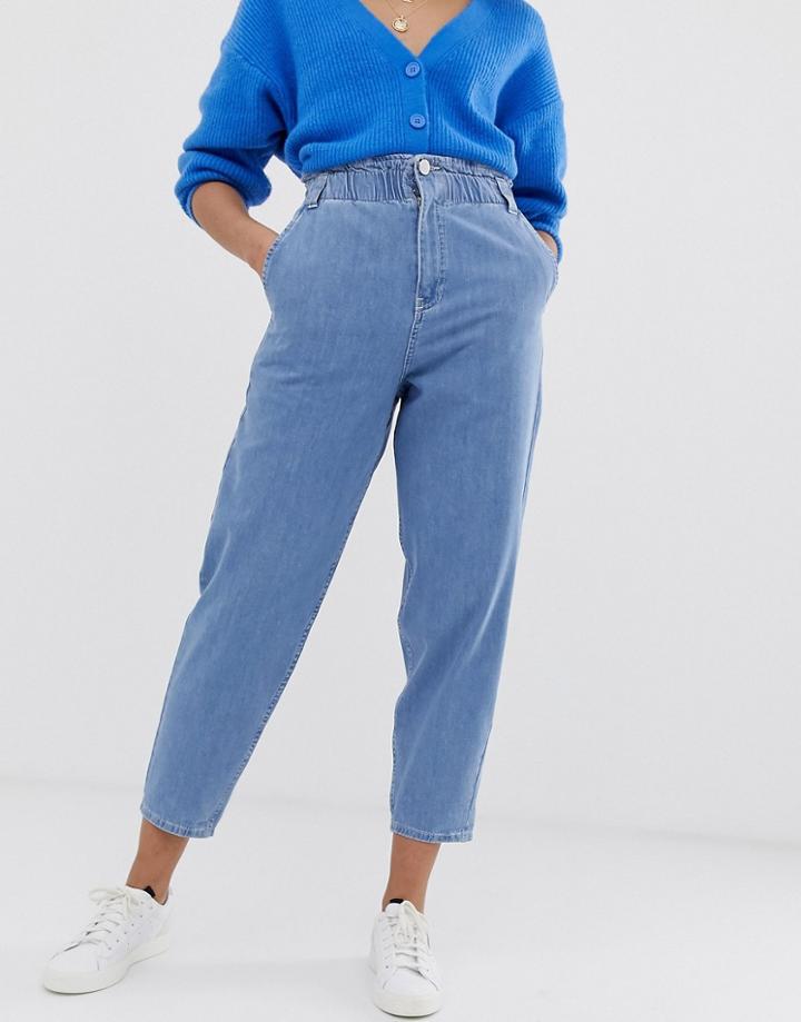 Asos Design Soft Peg Jeans In Light Vintage Wash With Elasticated Cinched Waist Detail-blue