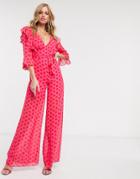 Dark Pink Plunge Front Jumpsuit In Red And Pink Polka Dot-multi