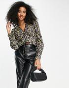 Asos Design Ruched Front Long Sleeve Blouse In Black Base Bright Floral Print-multi
