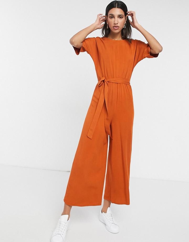 Asos Design Tie Waist Jumpsuit In Rust-brown