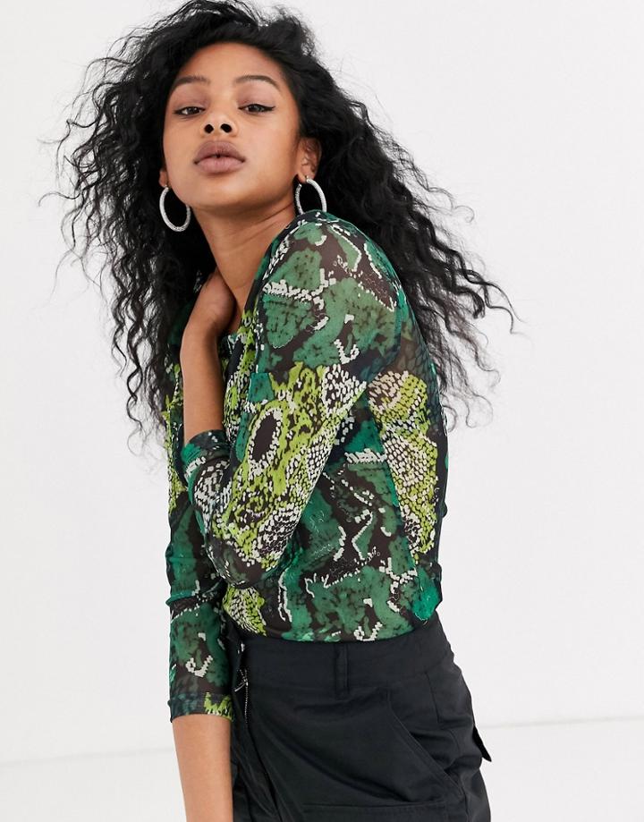 Noisy May Viggo Snake Print Mesh Long Sleeve Top
