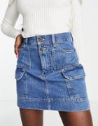 Topshop Cargo Denim Mini Skirt In Mid Blue