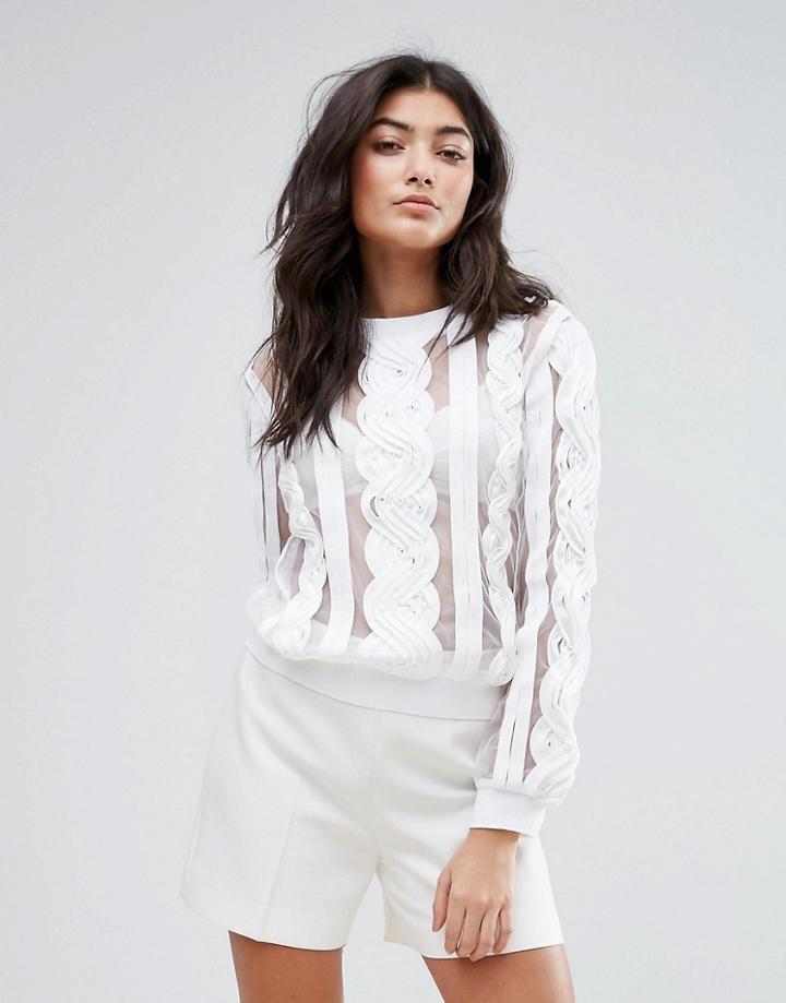 Endless Rose Long Sleeve Lace Top With Mesh Panels - White