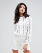 Endless Rose Long Sleeve Lace Top With Mesh Panels - White