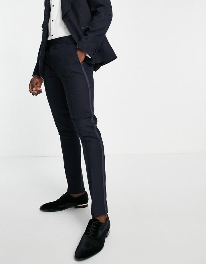 Noak Skinny Tuxedo Suit Pants In Navy Virgin Wool Blend Leopard Jacquard