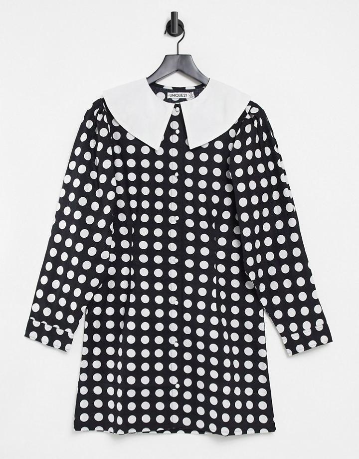 Unique21 Long Sleeve Dress With Collar In Black Polka