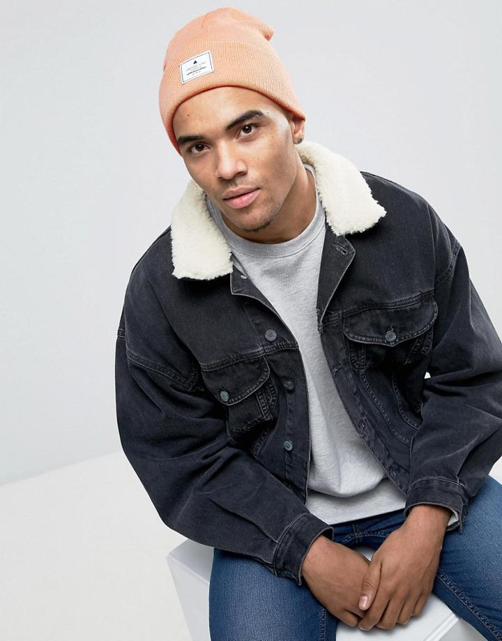 Asos Patch Beanie In Peach With Patch - Orange