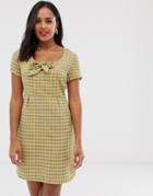 Daisy Street Mini Tea Dress With Bow Front In Check - Yellow