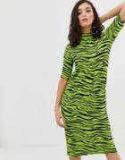 Stradivarius Midi Dress With Pockets In Zebra Print - Green