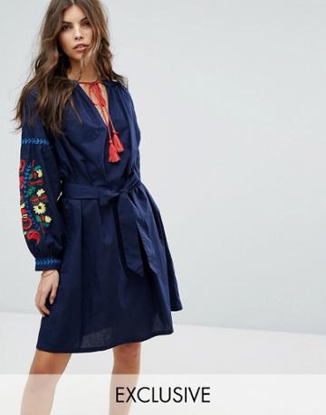 Rocca Bella Embroidered Smock Beach Dress - Navy