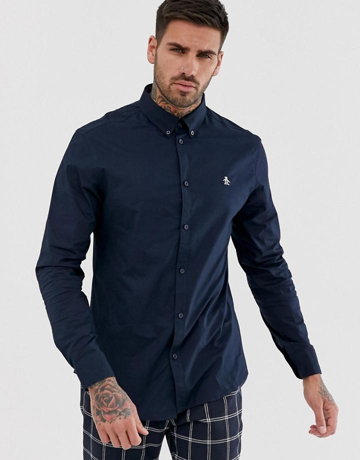 Original Penguin Icon Logo Poplin Stretch Shirt With Button Down Collar In Navy