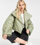 Asos Design Petite Quilted Cropped Jacket In Khaki-green