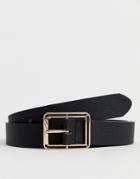 Asos Design Faux Leather Slim Belt In Black Saffiano With Gold Square Buckle - Black