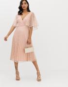 Asos Design Midi Dress Flutter Sleeve And Pleat Skirt In Lace-beige