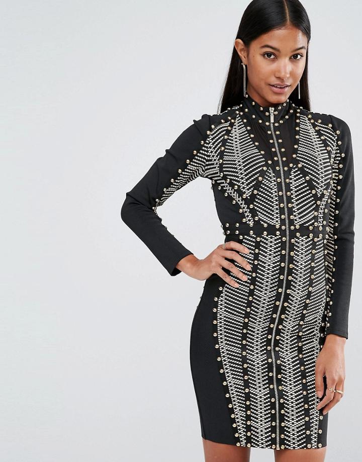 Wow Couture Longsleeved Bandage Dress With Allover Studs - Multi