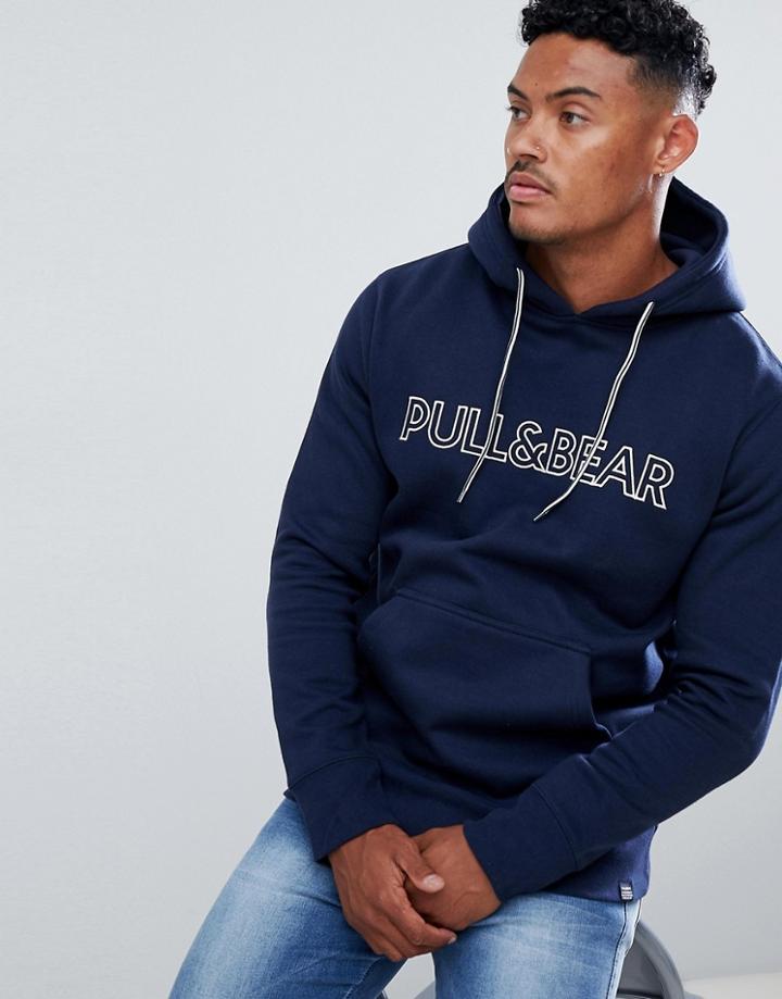 Pull & Bear Hoodie In Navy With Logo - Navy