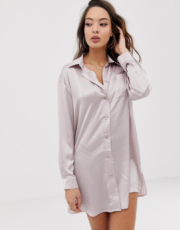 Asos Design Satin Boyfriend Shirt Dress-gray