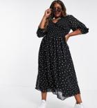 Asos Design Curve Midi Smock Dress With Shirred Cuffs In Mono Spot Print-multi