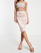 Flounce London Satin Midi Skirt With Strap Details In Mink-pink
