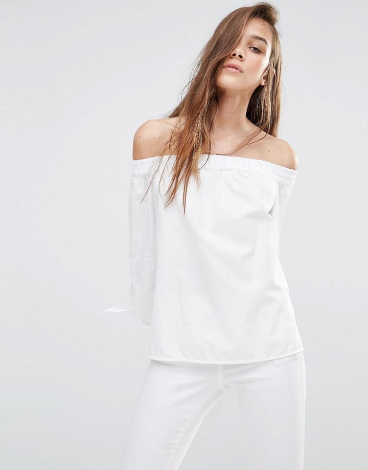 Pull & Bear Off The Shoulder Long Sleeve Blouse - White