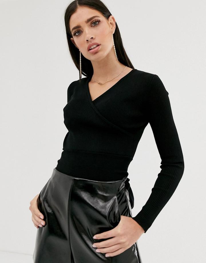 Parallel Lines Fine Rib Wrap Around Sweater In Black - Green