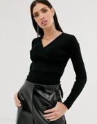Parallel Lines Fine Rib Wrap Around Sweater In Black - Green