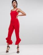 Asos Jumpsuit With Square Neck And Frill Hem - Red