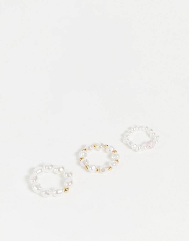 Pieces 3 Pack Pearl Rings In White & Gold