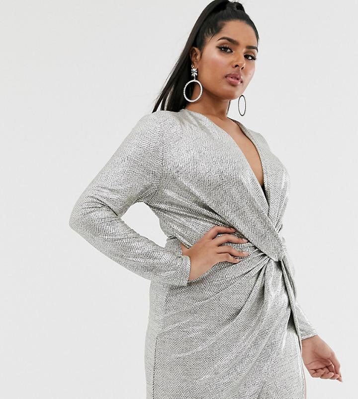 Club L London Plus Metallic Wrap Knot Mini Dress-silver