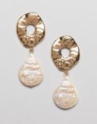 Asos Design Earrings With Textured Open Circle And Faux Pearl In Gold - Gold