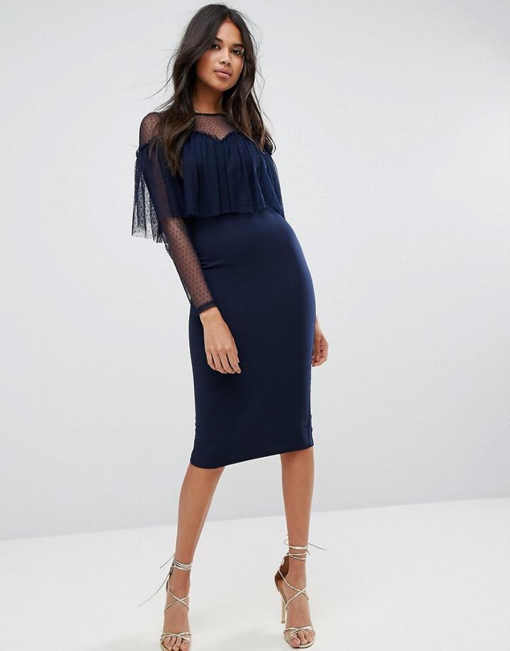 Asos Dobby Long Sleeve Ruffle Bodycon Midi Dress - Navy