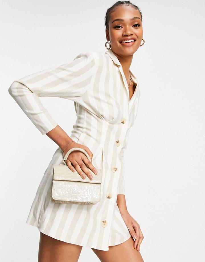 Asos Design Linen Button Through Tux Mini Dress In Natural Stripe-multi