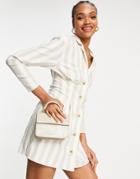 Asos Design Linen Button Through Tux Mini Dress In Natural Stripe-multi