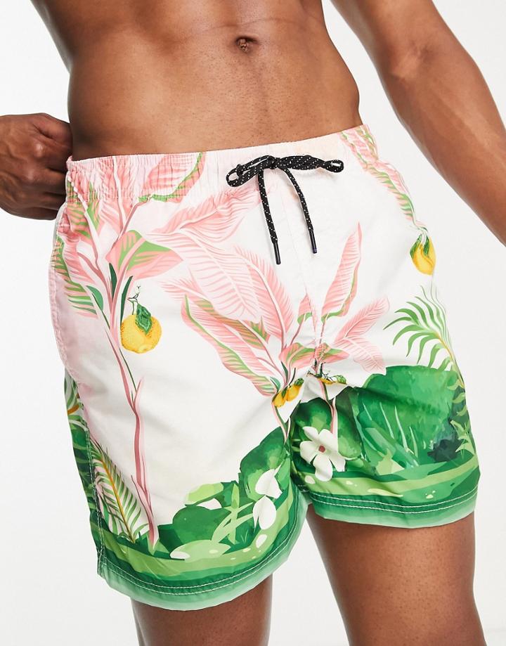 Jack & Jones Intelligence Swim Short In Landscape Palm Print-pink